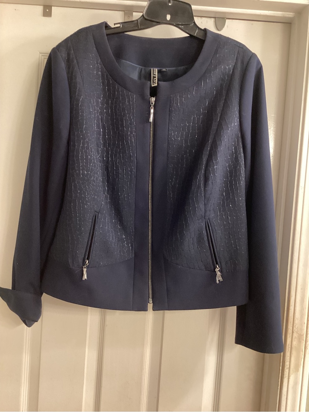 Mary Kay Navy Zip-Front Blazer with Textured Front Panels